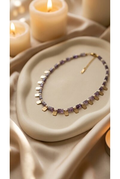 SR Jewelry Box Mor Doğal Taş Küp El Yapımı Kolye – Altın Detaylı – Ayarlanabilir