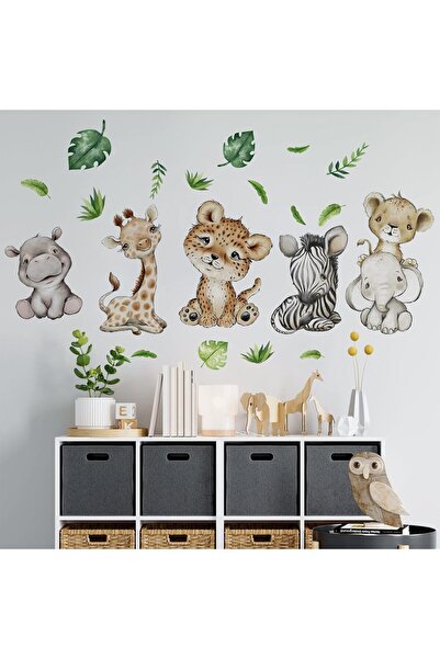 BPA ملصقات جدارية لحيوانات السفاري الصغيرة بألوان مائية، 60×90 سم