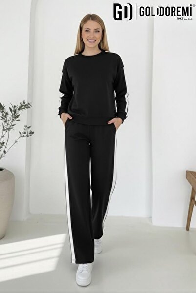 gd goldoremi 040 Modal Women's Striped Detail Sleeves Cuffed Loose Fit Tracksuit Set