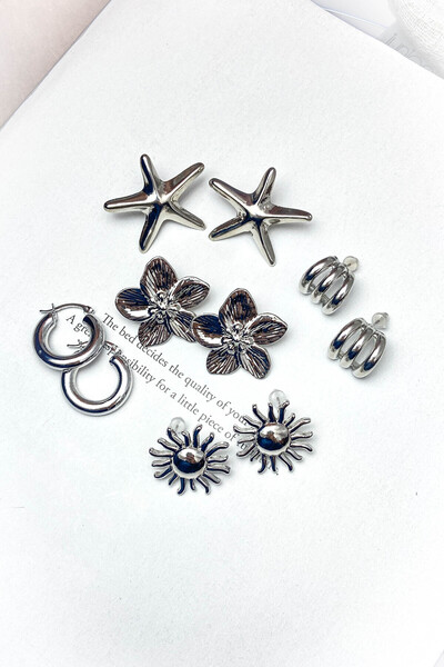 roshel 5 Pairs of Earrings Set: Flower, Hoop, Starfish, Sun, Heart Earrings