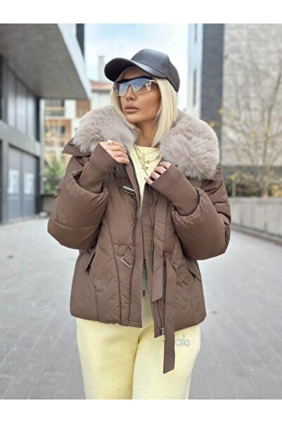 Robin 99899 Πουπουλένιο παλτό με γούνινο γιακά καφέ