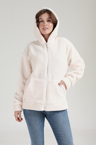 Tight Lady Thick Texture Welsoft Winter Kangru Pocket Hooded Zippered Plush Cardigan