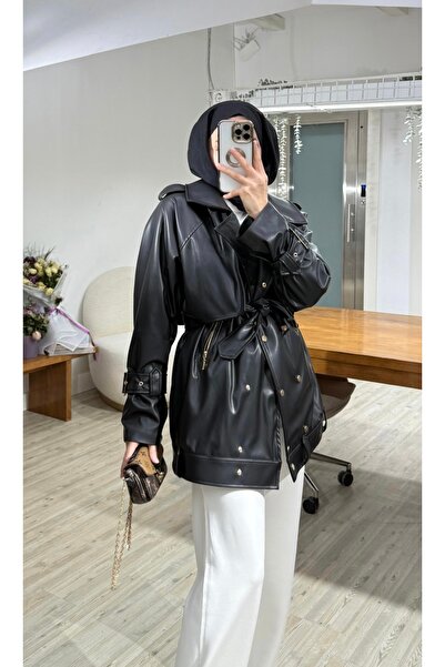 Universal Kemerli Deri Trençkot Siyah