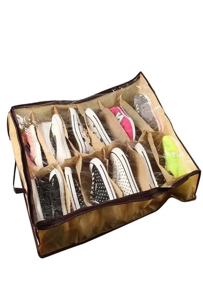 Generic Under-bed shoe storage organizer, 12 compartments, with transparent zipper, brown and beige, non-woven fabric