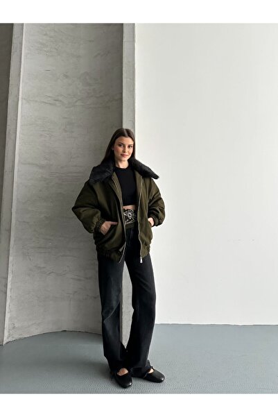 solena sln Women's New Season Quilted Detail Collar Fur-Lined Gabardine Bomber Jacket