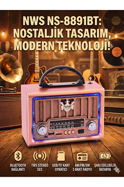 CALIBURN NWS NS-8891BT Nostaljik Görünümlü Şarjlı Bluetooth Radyo ve Müzik Çu...