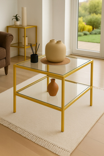 AVİBO HOME Valencia Gold Yan Sehpa Dar Alanlar İçin Orta Sehpa 55"55"46 Şeffa...