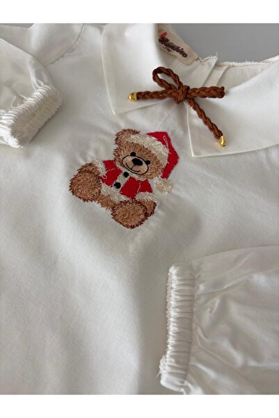 il mio bambino Handmade 100% Cotton Baby Boy Christmas Teddy Bear Embroidered Shirt - Long Sleeve