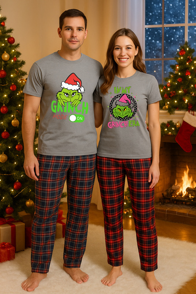 MVRDAR Pijamale cuplu - set Craciun in doi Grinch cu tricou si pantaloni de p...