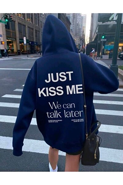 Elvino Just Kıss Me Printed Women/Men Unisex Oversized Hooded 3-Thread Sweatshirt