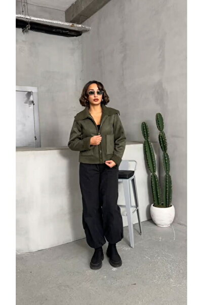 Caddebostan Moda Khaki Women's Plush Suede Jacket Modern Premium Luxury Trend Design Coat