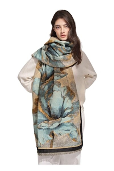 The Casius. Long shawl-style women's scarf – Large blue flowers pattern, beige-gold (The Casius)