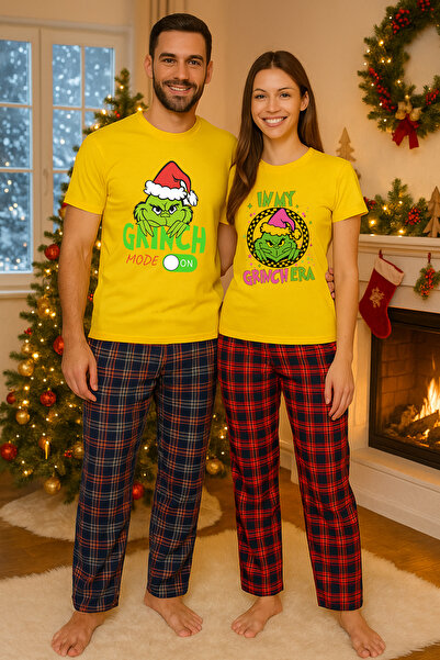 MVRDAR Pijamale cuplu - set Craciun in doi Grinch cu tricou si pantaloni de p...