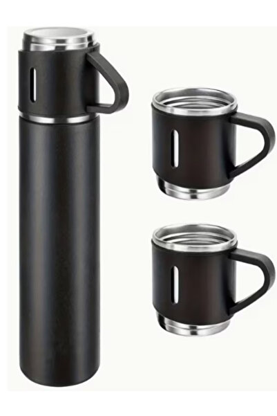 OEM Stainless Steel Thermos Set 500ml, Insulated, Leakproof, 3 Cups Included, Keeps 12h Hot/Cold, Black