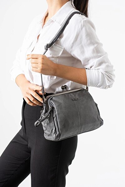 H&D COLLECTİON Gray Washed Leather Clip-On Zippered 3-Compartment Scholarship Shoulder Bag Gray Model: (571-13t)