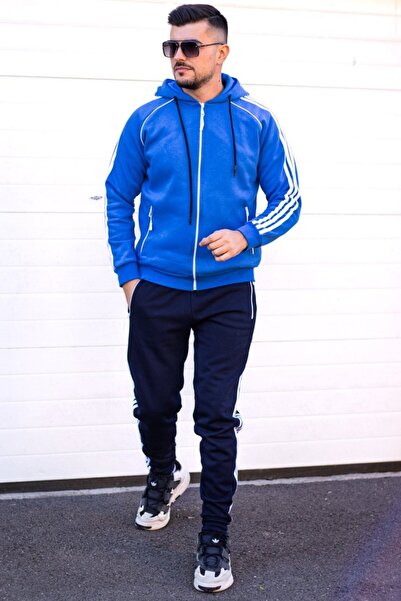 EXCLUSIVE STYLE Men's blue/black cotton tracksuit with white stripes - Full DG