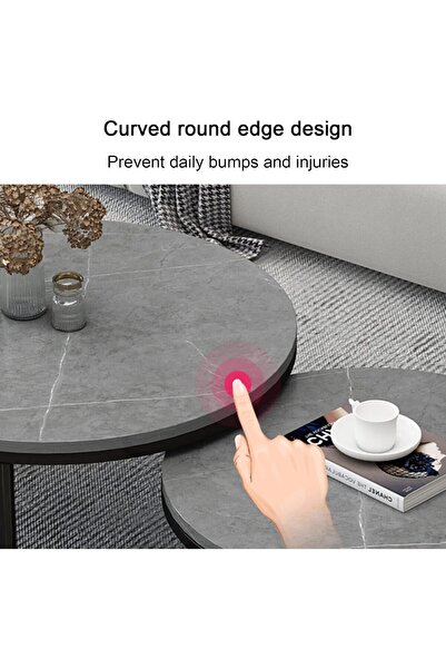 Twinkle Mart Nesting Coffee Table Set of 2 - Round Marble Top, Steel Frame (White, 70+50cm)