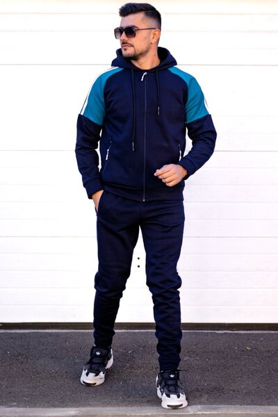 EXCLUSIVE STYLE Men's navy/turquoise cotton tracksuit with white stripes - HALF DG
