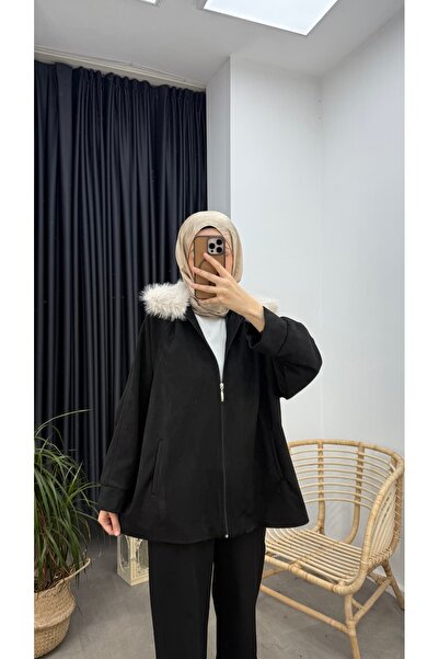 Minharir Jachetă din piele întoarsă cu detaliu de blană la guler