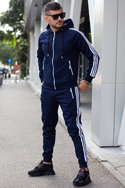 EXCLUSIVE STYLE Men's tracksuit made of thick navy blue cotton with white stripes - FULL DG