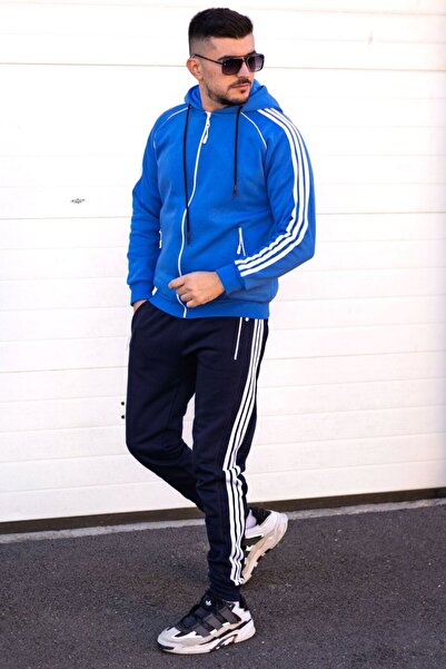 EXCLUSIVE STYLE Men's blue/black cotton tracksuit with white stripes - Full DG