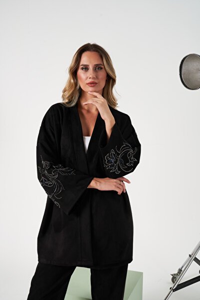 MİA NOURA Women's Oversize Kimono with Sleeves and Embroidered Back in Suede Fabric