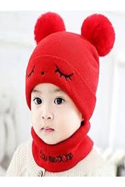Generic Warm double wool hat with scarf and winter accessories for children, boys and girls (1-3 years)
