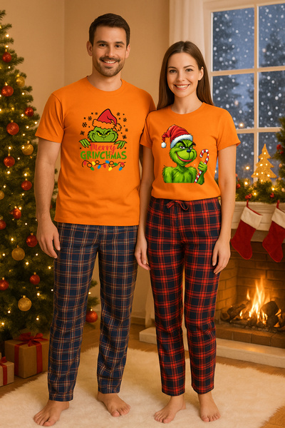 MVRDAR Pijamale cuplu - set Craciun in doi Grinch cu tricou si pantaloni de p...