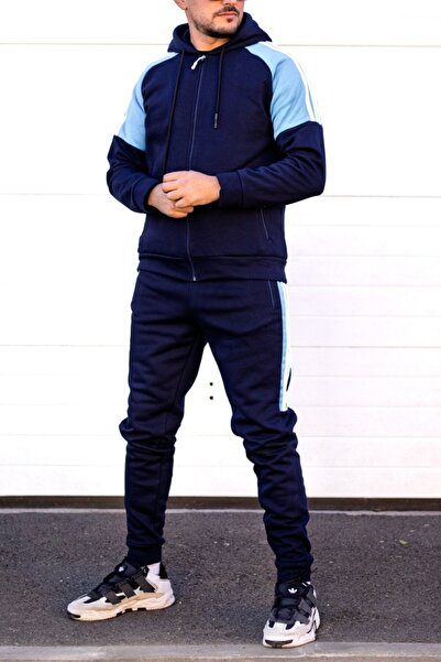 EXCLUSIVE STYLE Men's navy/light blue cotton tracksuit with white stripes - HALF DG