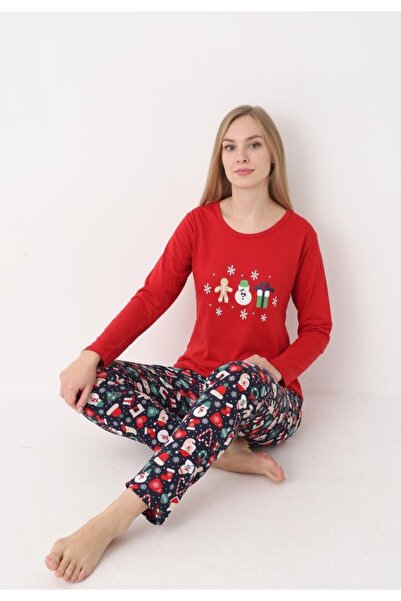 TOSKI Women's Christmas pajamas Red with snowman, long sleeves and long pants