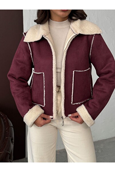 Caddebostan Moda Burgundy Women's Plush Suede Jacket Modern Premium Luxury Trend Design Coat