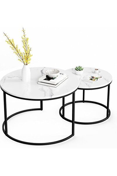 Twinkle Mart Round Nesting Coffee Table Set of 2 - Black & White