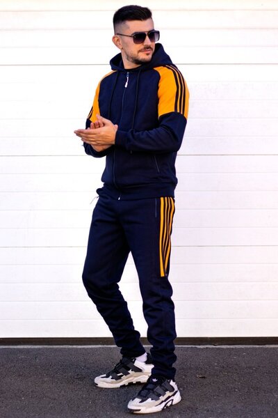 EXCLUSIVE STYLE Men's navy/orange cotton tracksuit with black stripes - HALF DG