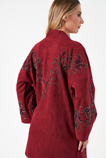 MİA NOURA Women's Oversize Kimono with Sleeves and Embroidered Back in Suede Fabric