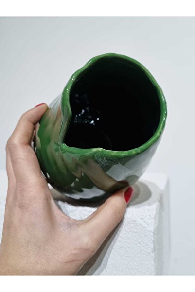 ÖZLEMKAYMAZ Ceramic Chrome Green Tones Leaf Patterned Cocktail Glass 15X12 cm