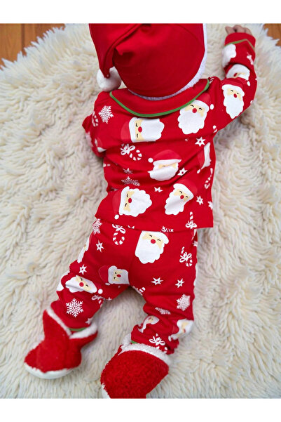 Minizade Peter Pan collar New Year Themed 100% Cotton Pompom Hat and Slippers Set of 4