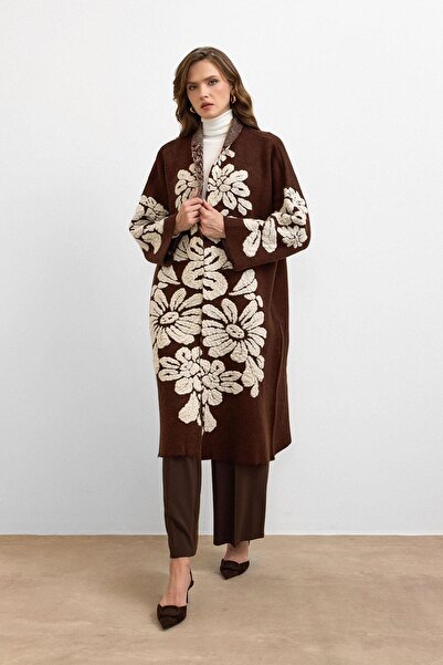 Ranasubaşı Floral Patterned Long Cardigan Brown
