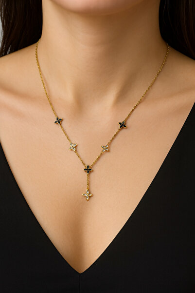 EG JEWELRY Çift Sıralı Yonca Detaylı Altın Renk Kolye