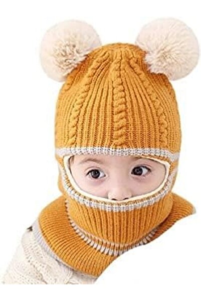Generic Children's winter hat, lined with fleece, small size, with double pom-pom ears, knitted for winter, for boys
