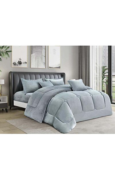 MİNG Lİ Mingly 6-Piece Winter Double Bedspread Set - Plain Velvet & Fur, Duvet 240x220 cm