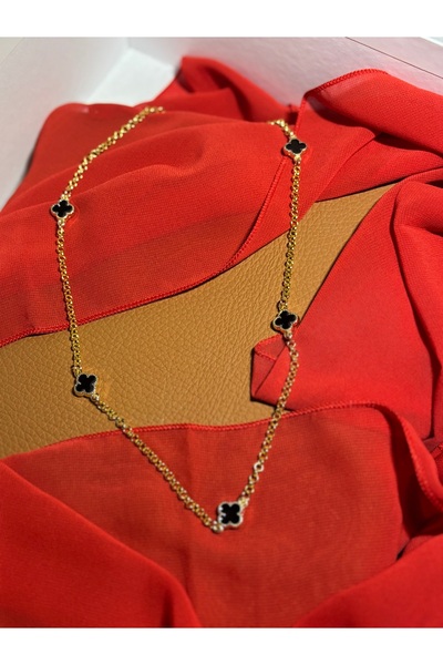 ZEYNEP KARACA Siyah Yonca Taşlı Uzun Zincir Kolye | Altın Kaplama Çelik – VCA...
