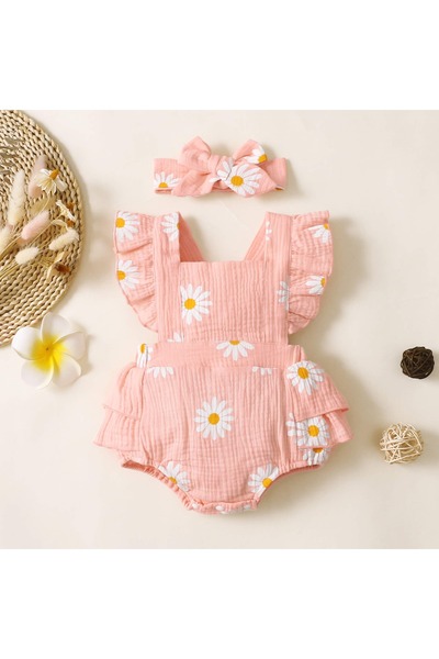 OEM Daisy-print crepe fabric romper, 100% cotton