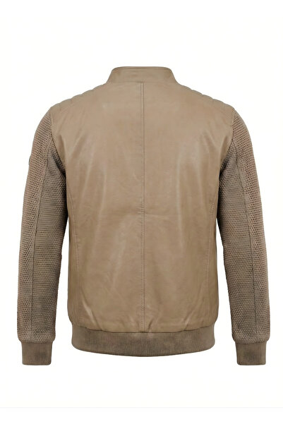 ixir Мъжка кожена яке с ръкави от стоманена плетена материя и цип на гърдите Taba