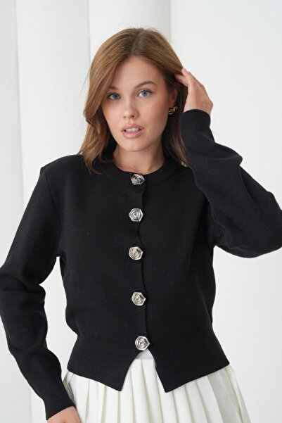 mysimy Büyük Gül Düğme Detaylı Yuvarlak Yaka Premium İplik/ Özel iplik Hırka