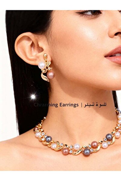 Generic طقم قلادات وأقراط للبنات - لآلئ ناعمة اللون مع لمسات ملونة