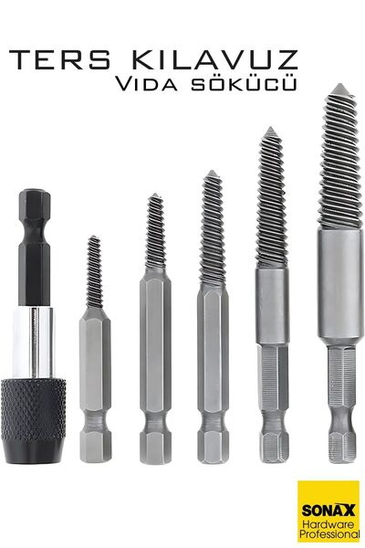 Transformacion Bits Uzatmalı Ters Kılavuz 6 lı Set Saf Çelik Kırık Civata Vida Sökücü 722457