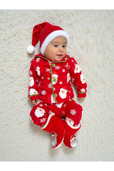 Minizade Peter Pan collar New Year Themed 100% Cotton Pompom Hat and Slippers Set of 4