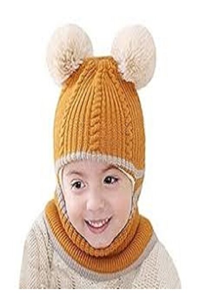 Generic Children's winter hat, lined with fleece, small size, with double pom-pom ears, knitted for winter, for boys