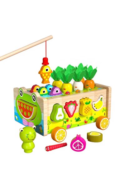 Denn Store Jucărie educativă Montessori din lemn 3-în-1 – Pescuit magnetic, sortare legume, recoltat