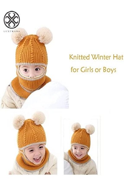 Generic Children's winter hat, lined with fleece, small size, with double pom-pom ears, knitted for winter, for boys
